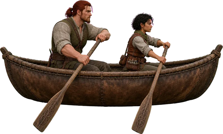Ruarc Duggery, lelaki berambut merah gelap diikat ke belakang, dan Ita Breslin, perempuan kecil berambut hitam ikal pendek, mendayung bersama di sebuah currach.