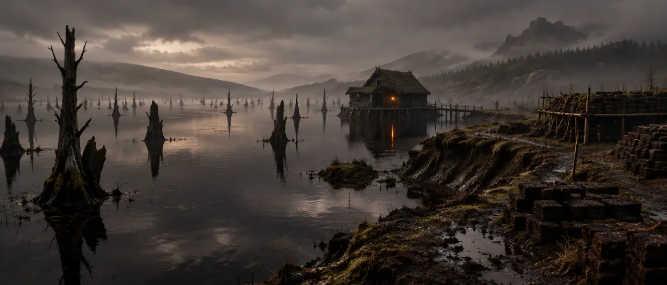 Blackwater Lough: air gelap, tunggul ek mati, dan satu lentera di crannog kecil.