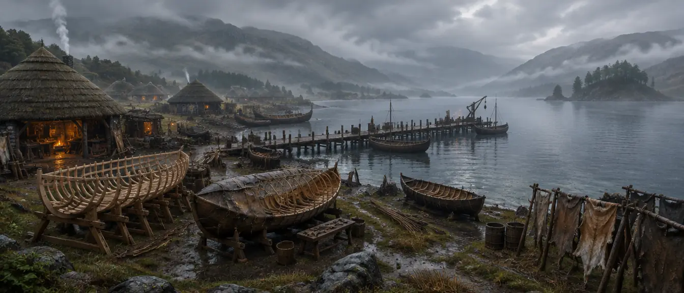 Dermaga Lough Carrowen dengan rangka perahu kulit di galangan dan bengkel beratap ilalang.