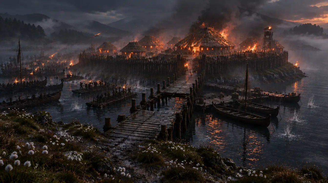 Crannog yang sama saat dikepung: papan tertarik, rakit dan perahu menyeberang dari kiri, atap terbakar dan asap hitam naik.
