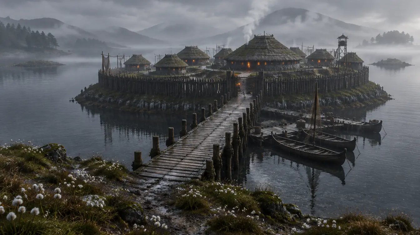 Crannog saat damai: jalan papan terpasang, perahu tertambat di dermaga, asap naik dari atap bundar.